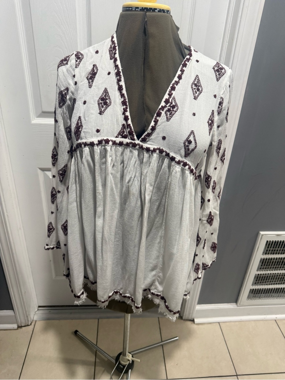 Free People White Tunic Top with Burgundy Diamond Print